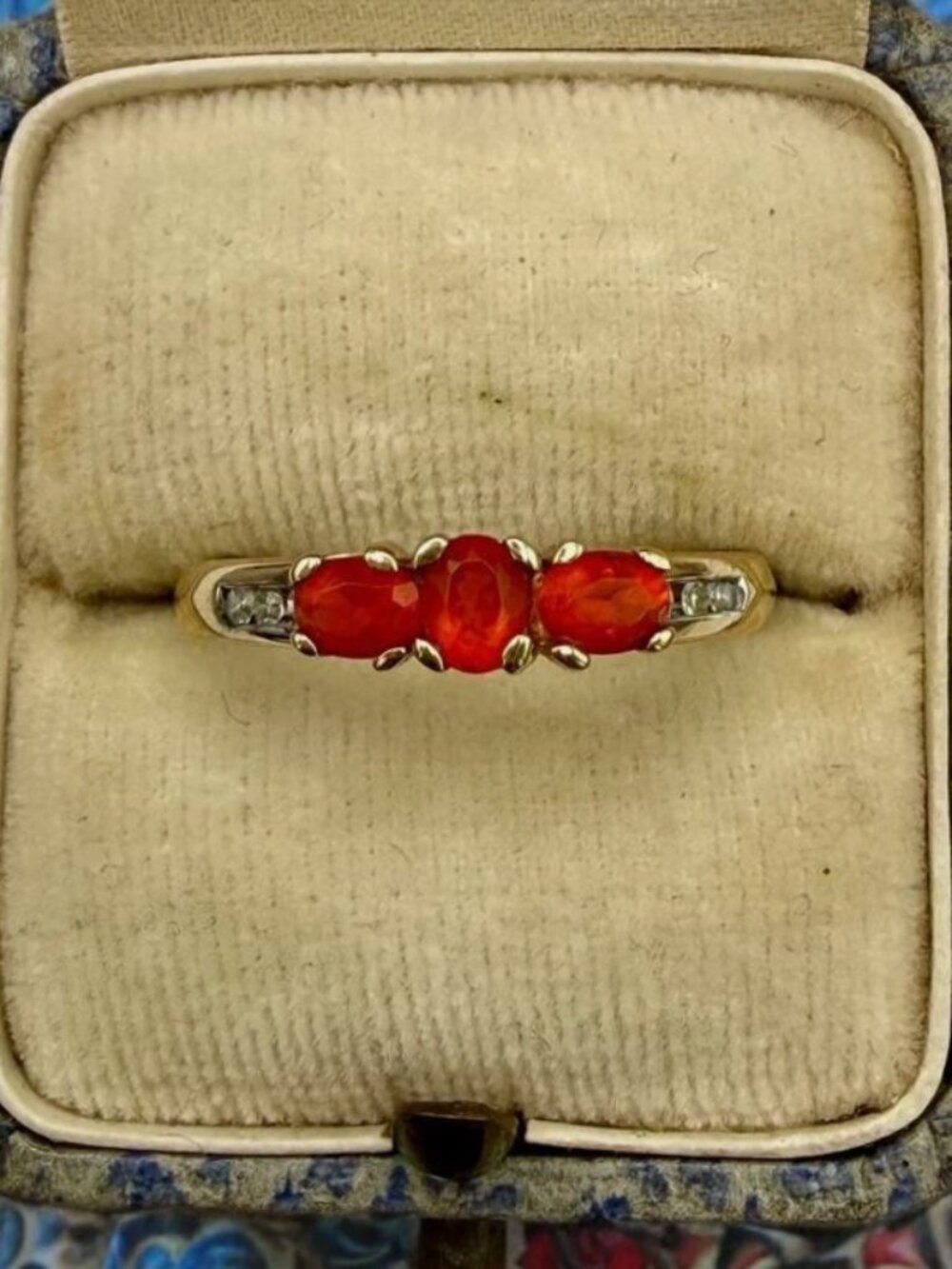 9k Yellow Gold Fire Opal and Diamond Ring, Size 6.25